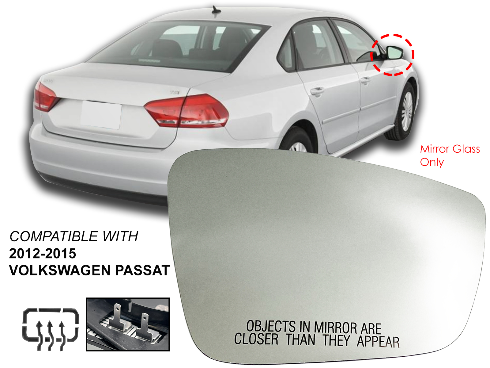 VOLKSWAGEN ミラー For Side Mirror Glass 2012-2015 VW PASSAT Power Heated Passenger