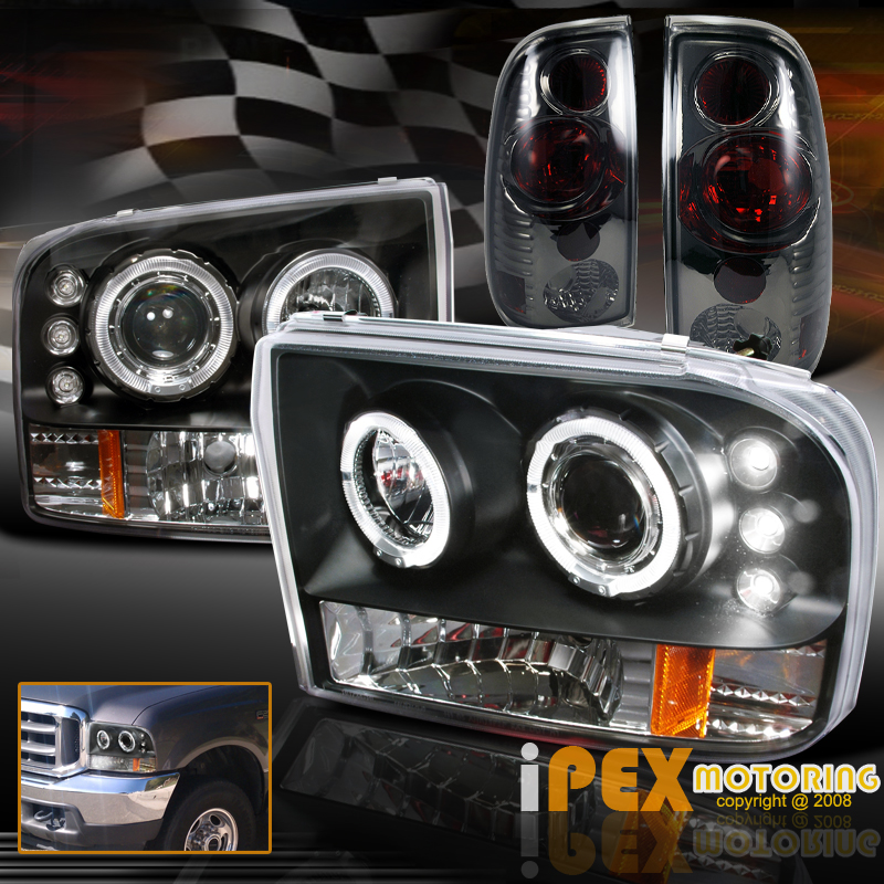 For 1999-2004 F250 Black Halo Projector Headlights+LED Tail+Smoke 3rd Brake Lamp
