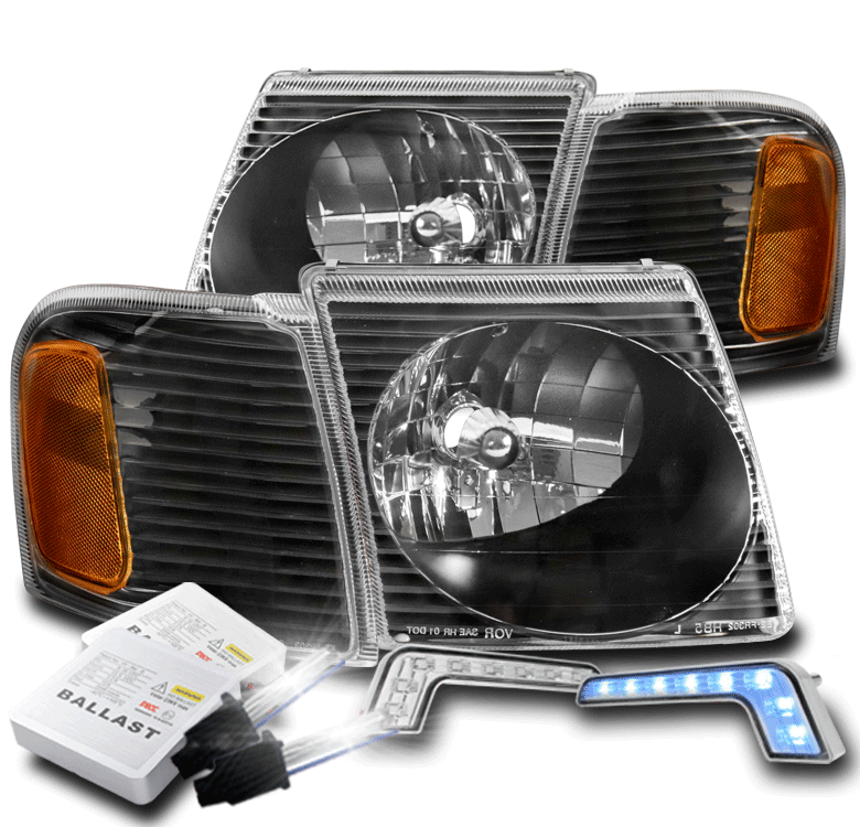 FOR 20012005 FORD EXPLORER SPORT TRAC BLACK HEADLIGHTS +BLUE LED DRL W