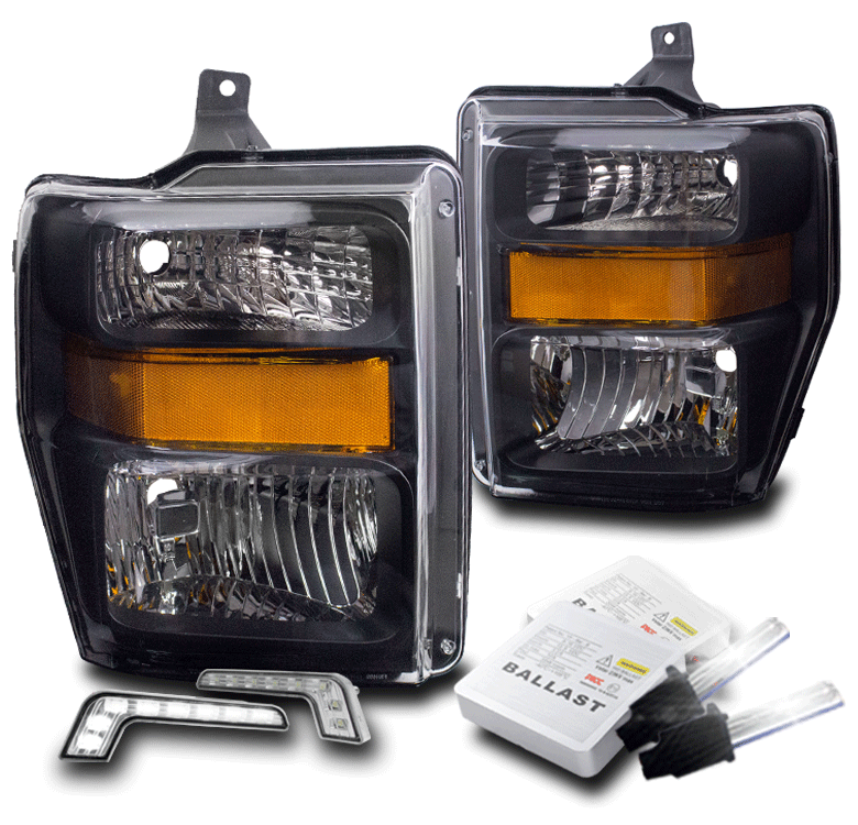 20082010 FORD F250 F350 SUPER DUTY BLACK HEADLIGHT W/DRL LED LAMP+6K