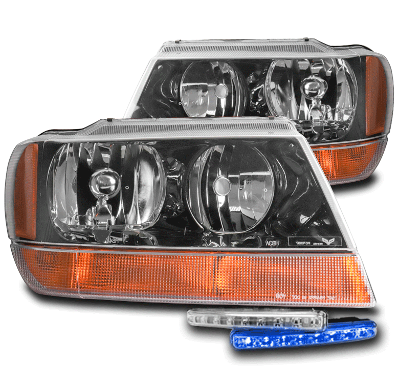 FOR 19992004 JEEP GRAND CHEROKEE BLACK/AMBER HEADLIGHTS W/BLUE LED