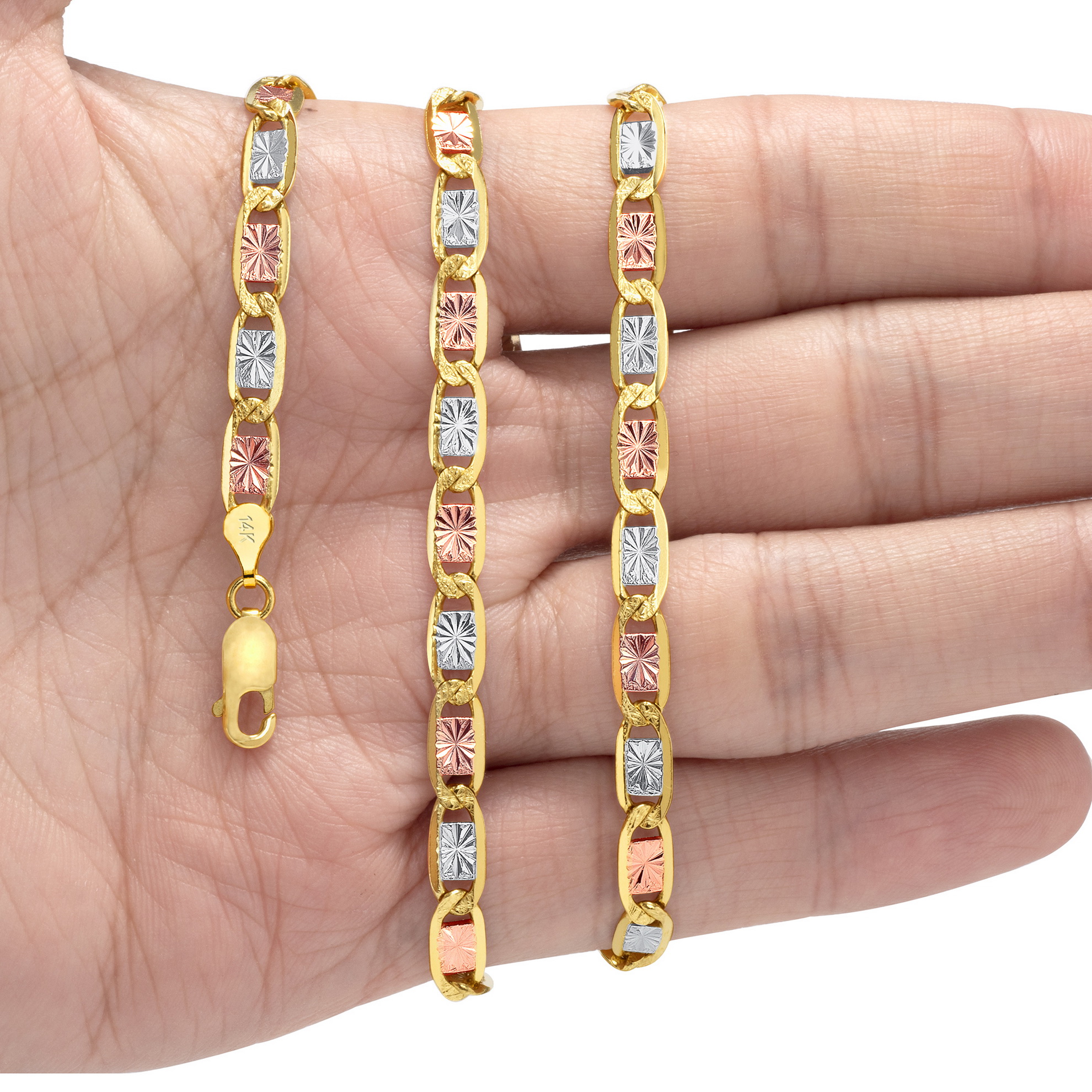 14K Solid Yellow Rose White Tri Gold 2.6mm6mm Valentino Chain Bracelet