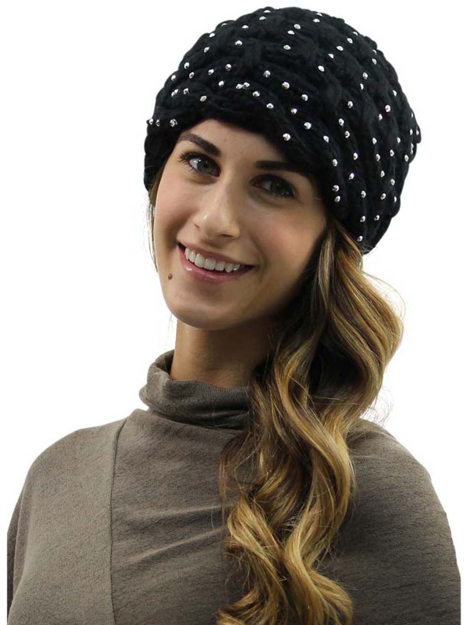 KNIT BEANIE CAP HAT WITH RHINESTONES eBay
