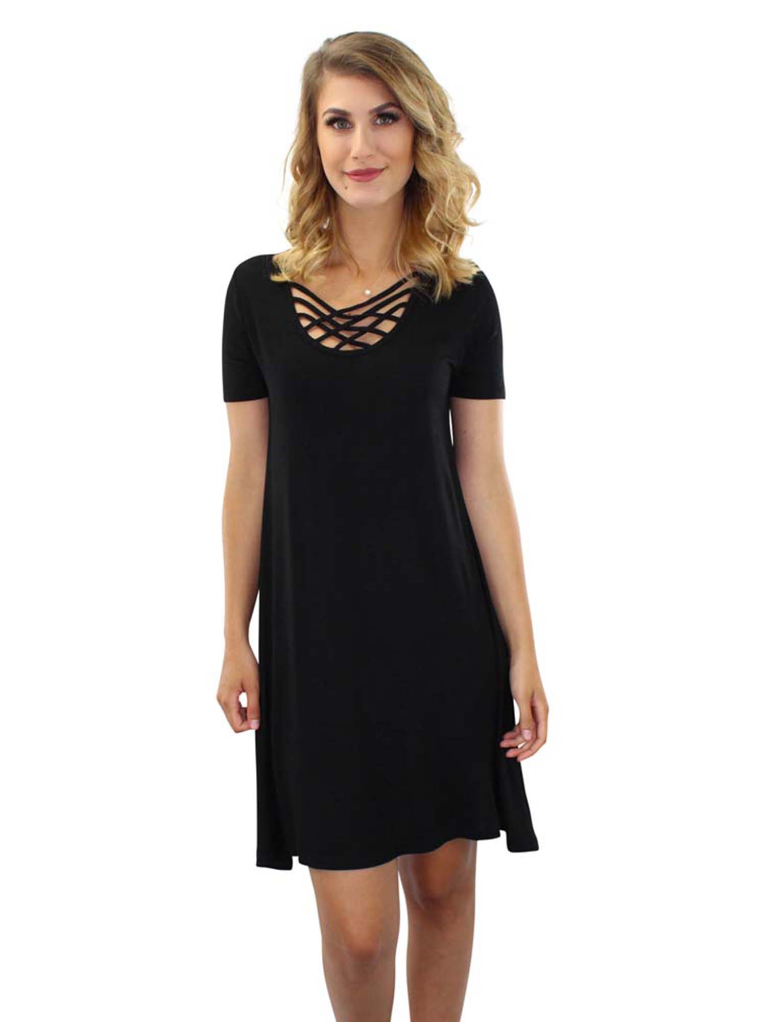 SHORT SLEEVE MIDI DRESS WITH CRISSCROSS NECKLINE eBay