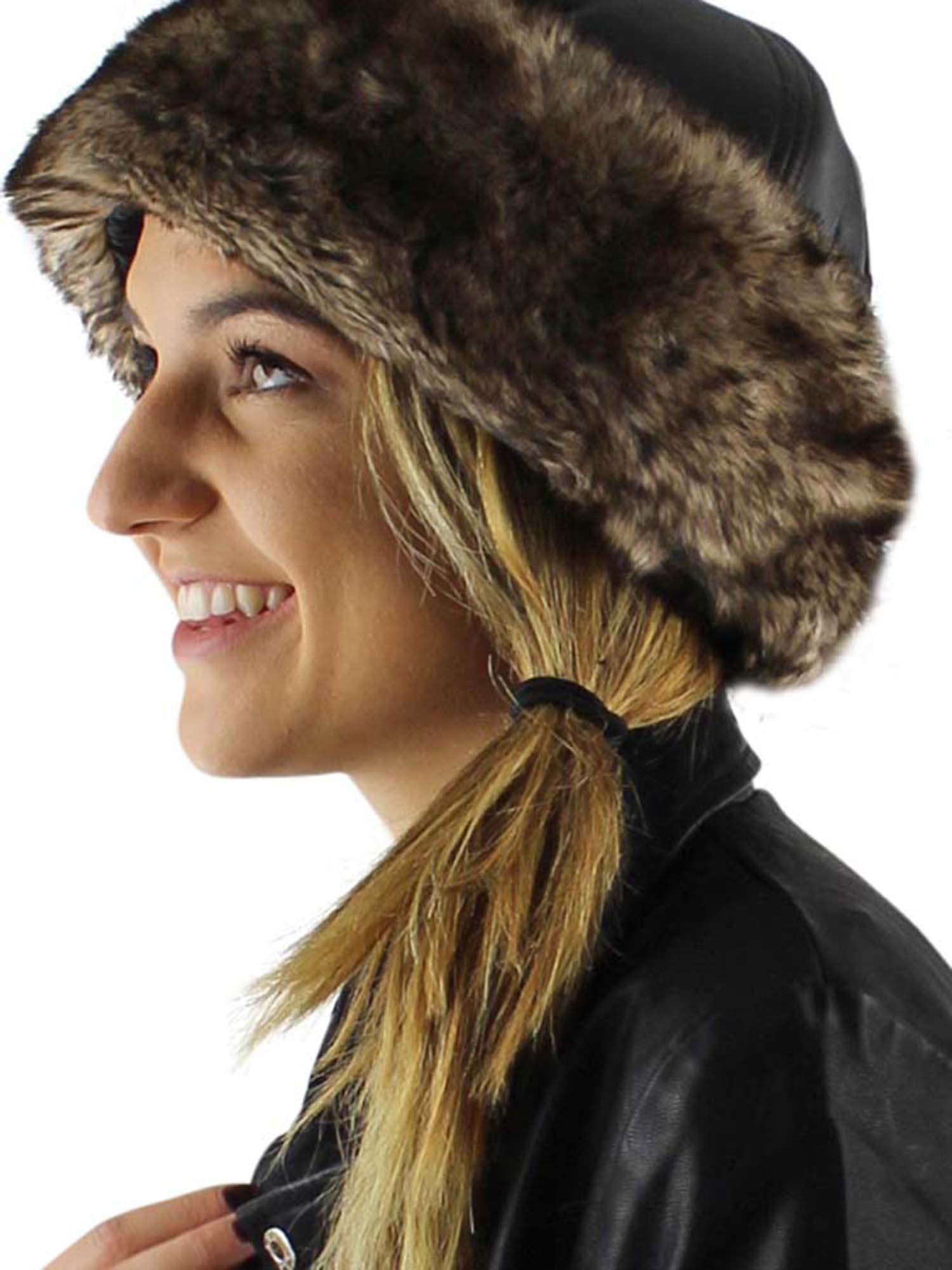 BLACK FAUX LEATHER & FUR TRIM RUSSIAN HAT WITH QUILTED 