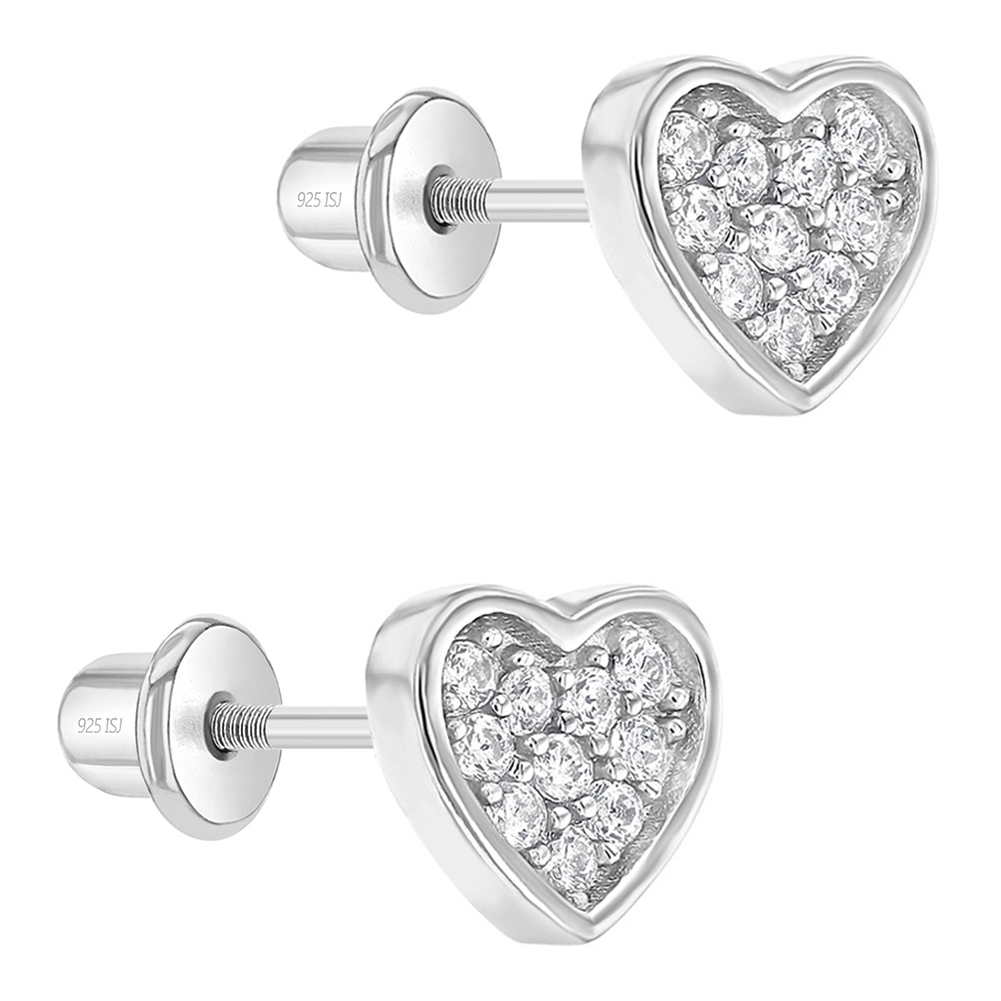 925 Sterling Silver Cubic Zirconia Round Shape Heart Stud Earrings Kids Girls