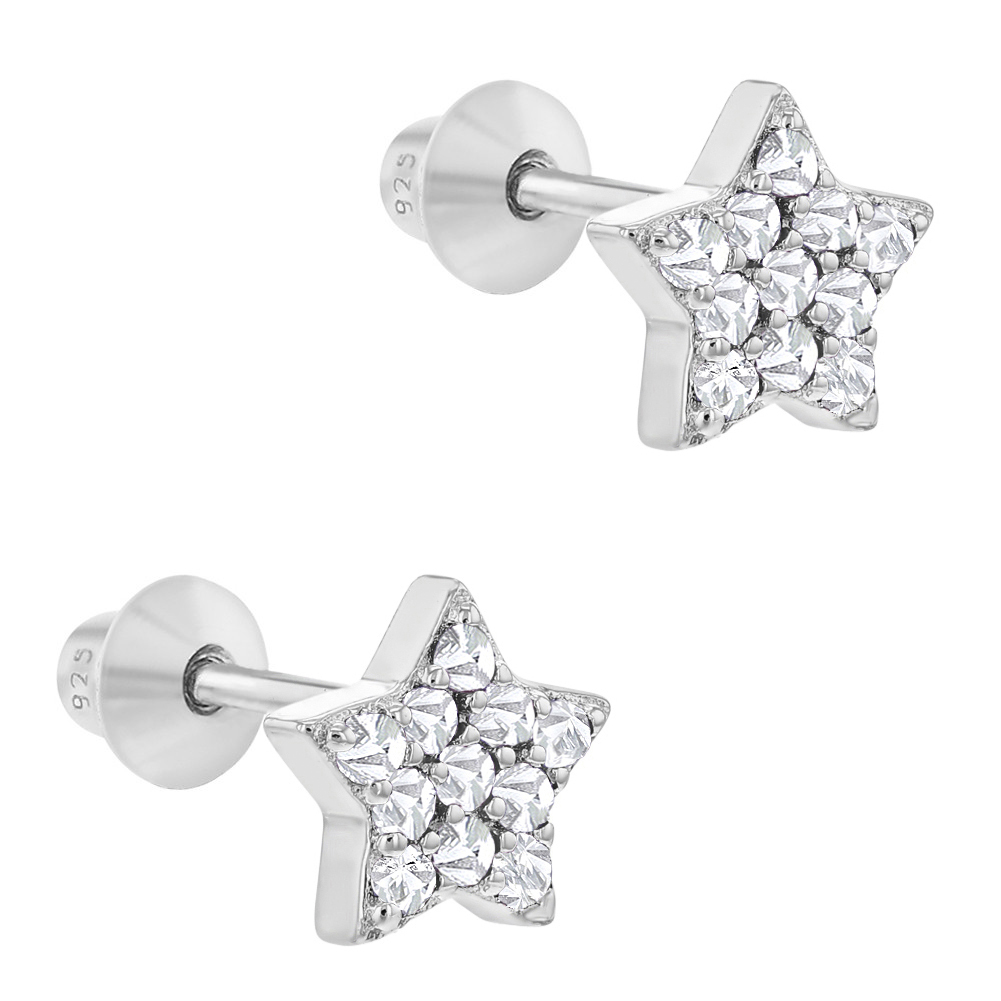 925 Sterling Silver Star Earrings CZ Screw Back Baby Infant Little