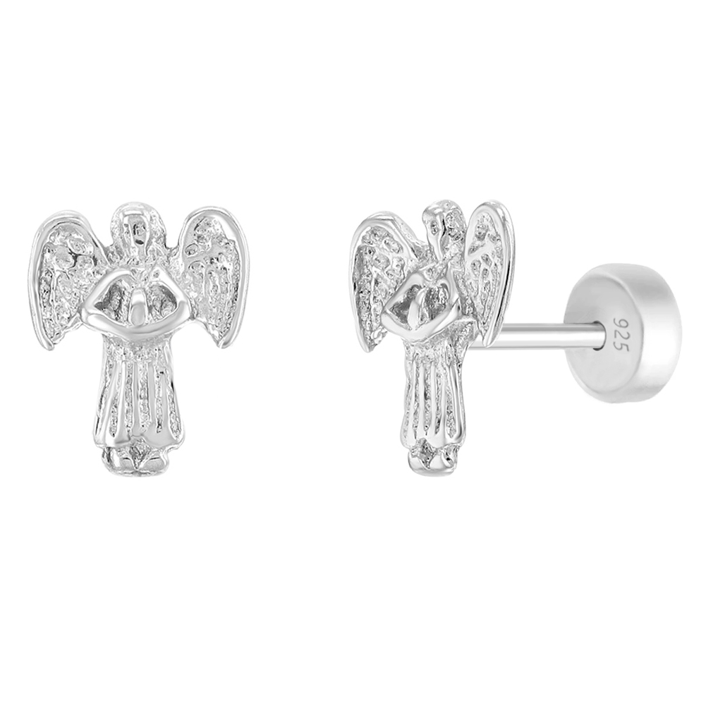 925 Sterling Silver Protection Guardian Angel Stud Safety Back Earrings