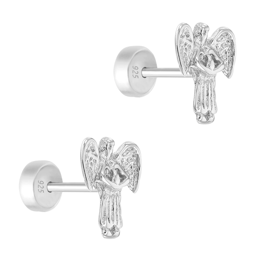 925 Sterling Silver Protection Guardian Angel Stud Safety Back Earrings