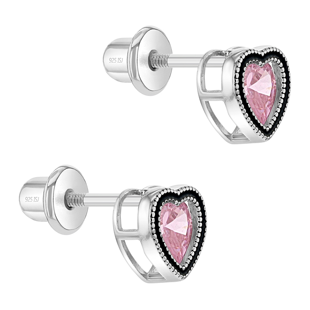925 Sterling Silver Young Girl's Bezel Cubic Zirconia Heart Screw Back