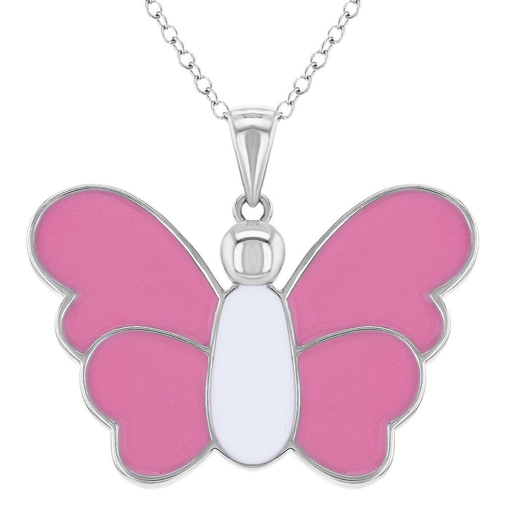925 Sterling Silver Pink Enamel Butterfly Necklace Pendant for Girls 16
