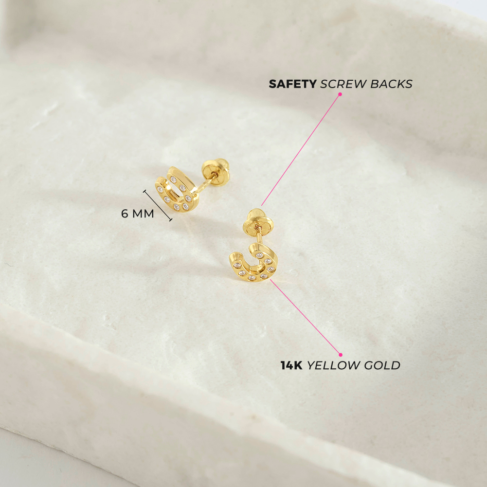 14k Gold Horseshoe Clear CZ Kids Children's Girls Earrings