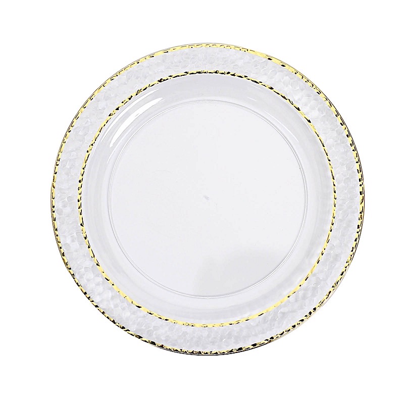 Vajilla desechable transparente de 10" con adornos dorados martillados para fiesta boda - Imagen 1 de 15