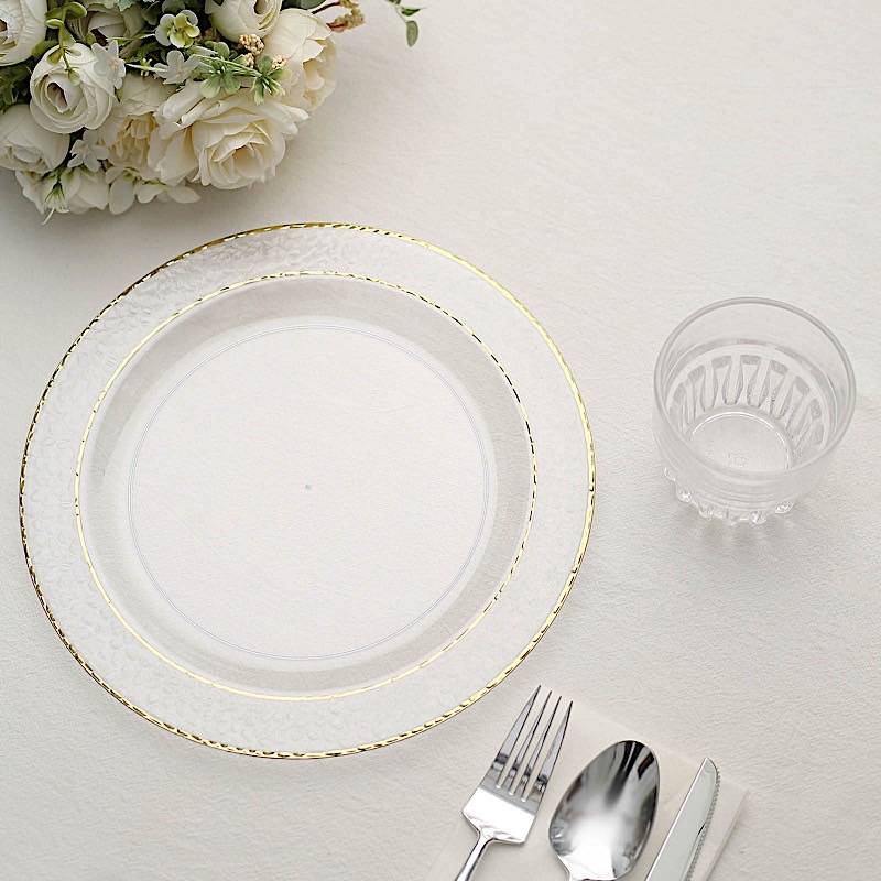 Vajilla desechable transparente de 10" con adornos dorados martillados para fiesta boda - Imagen 3 de 15