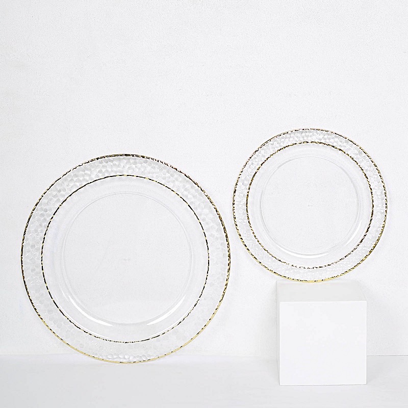 Vajilla desechable transparente de 10" con adornos dorados martillados para fiesta boda - Imagen 6 de 15