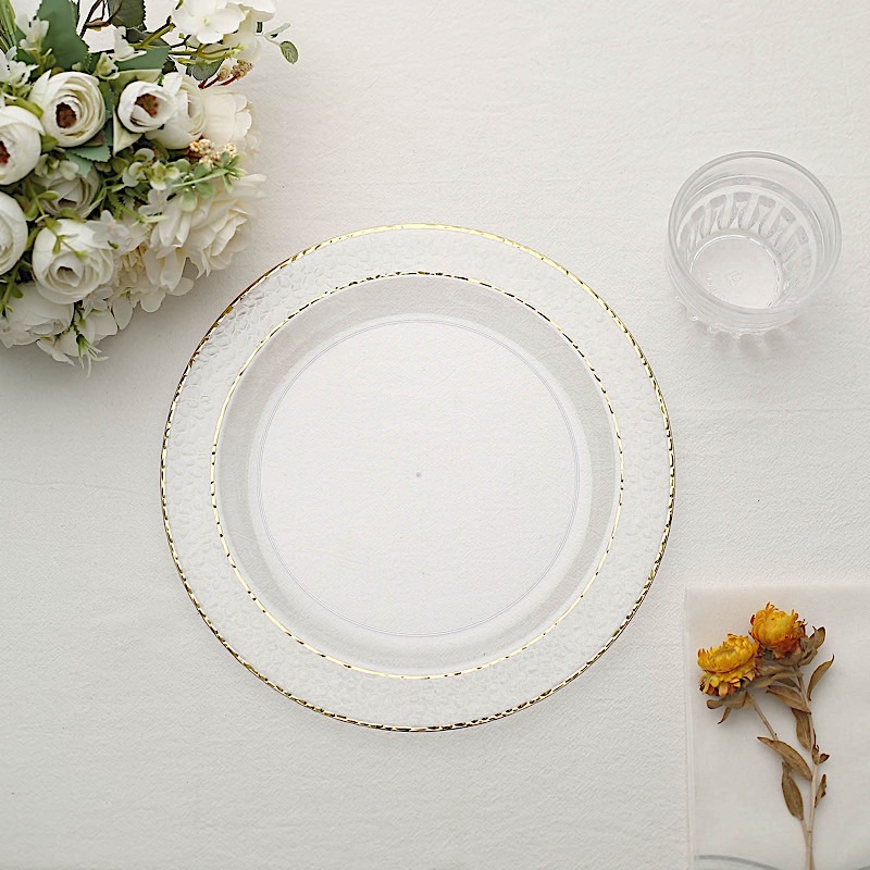 Vajilla desechable transparente de 10" con adornos dorados martillados para fiesta boda - Imagen 7 de 15