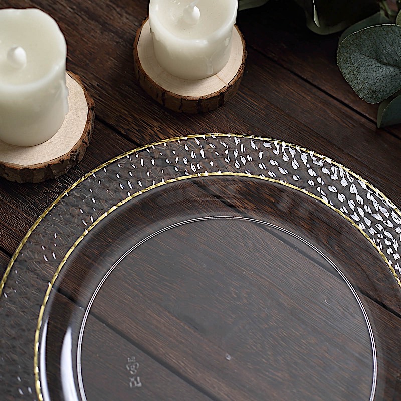 Vajilla desechable transparente de 10" con adornos dorados martillados para fiesta boda - Imagen 8 de 15