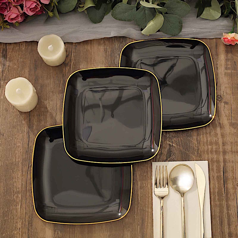 10 Square 7 in Disposable Salad Dinner Plastic PLATES Gold Trim Party Events - Picture 10 of 36