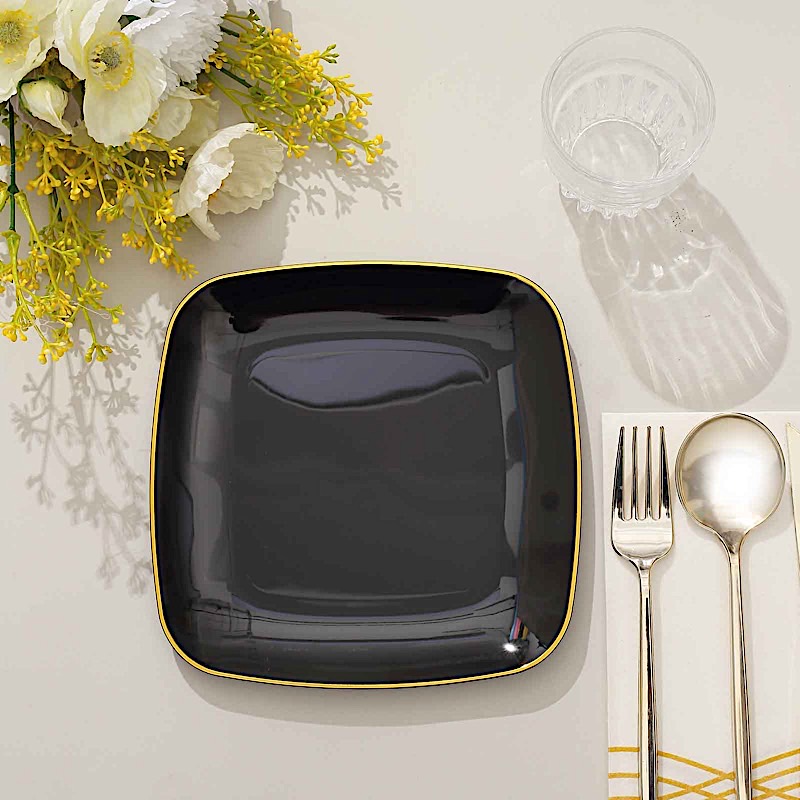 10 Square 7 in Disposable Salad Dinner Plastic PLATES Gold Trim Party Events - Picture 16 of 36