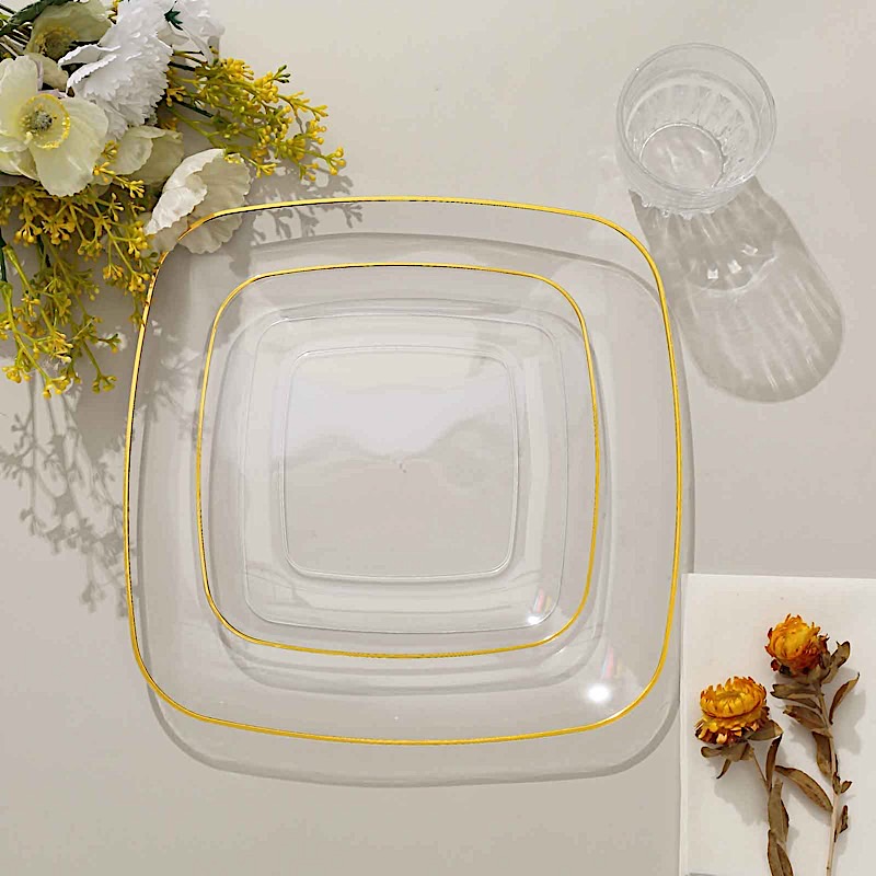 10 Square 7 in Disposable Salad Dinner Plastic PLATES Gold Trim Party Events - Picture 22 of 36