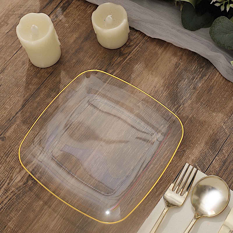 10 Square 7 in Disposable Salad Dinner Plastic PLATES Gold Trim Party Events - Picture 23 of 36