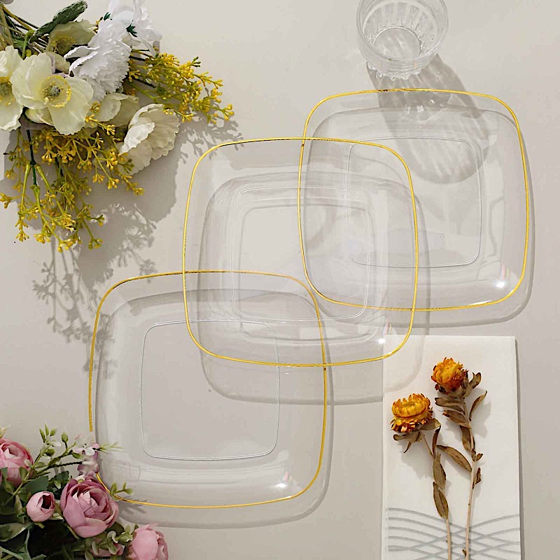 10 Square 7 in Disposable Salad Dinner Plastic PLATES Gold Trim Party Events - Picture 24 of 36