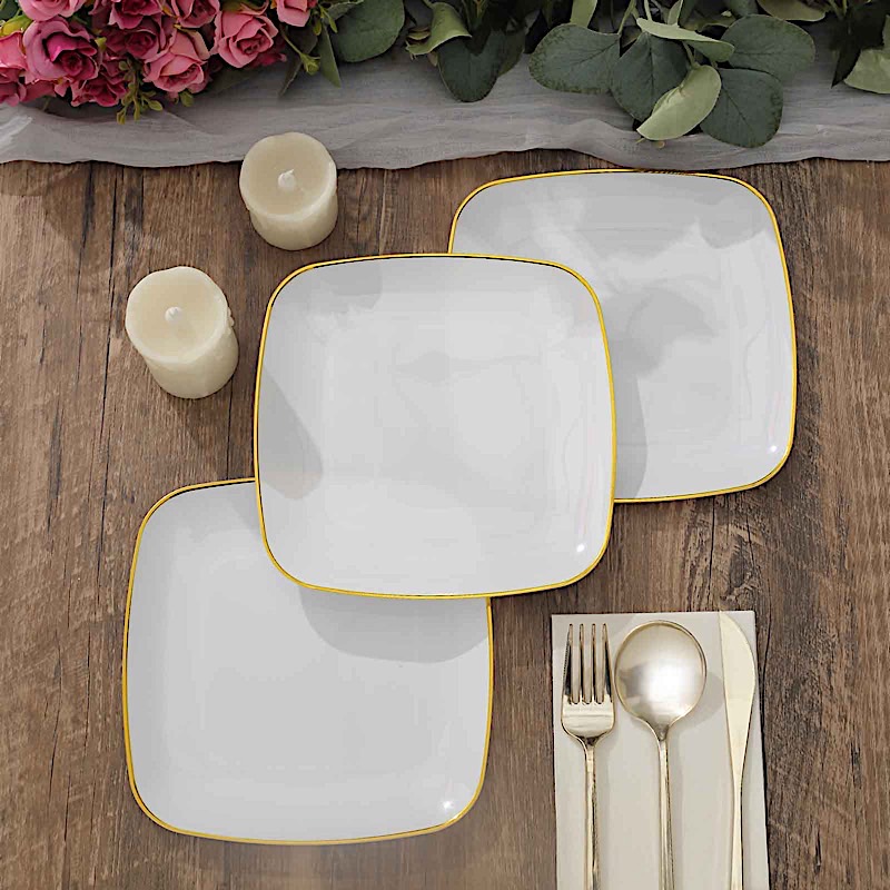 10 Square 7 in Disposable Salad Dinner Plastic PLATES Gold Trim Party Events - Picture 28 of 36