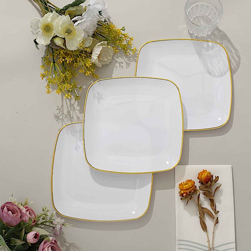 10 Square 7 in Disposable Salad Dinner Plastic PLATES Gold Trim Party Events - Picture 32 of 36