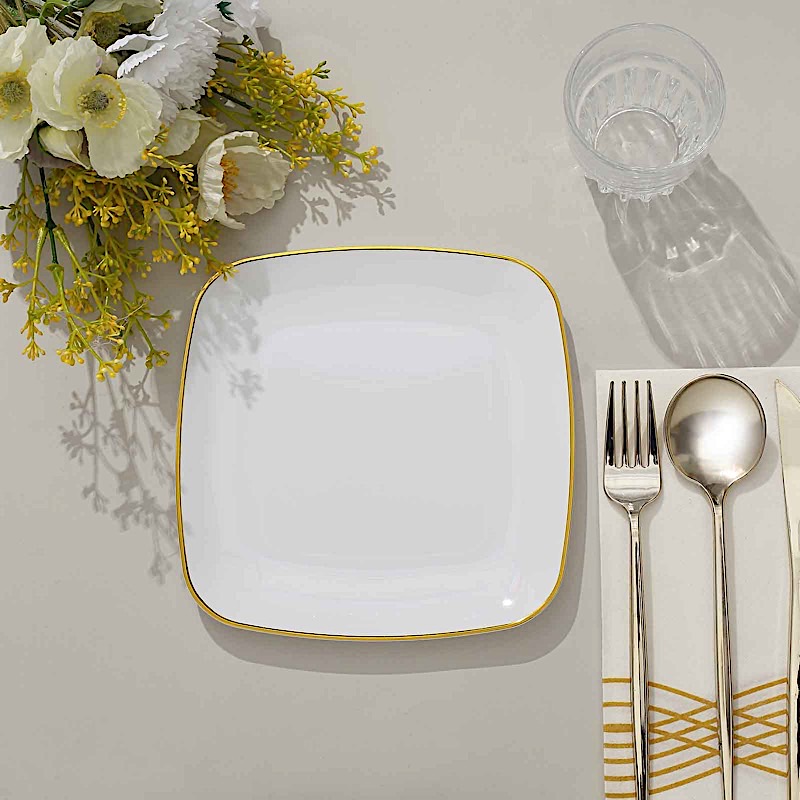 10 Square 7 in Disposable Salad Dinner Plastic PLATES Gold Trim Party Events - Picture 34 of 36