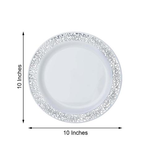 WHITE Silver Rim 10″ Plastic PLATES Disposable Elegant Wedding Birthday Party