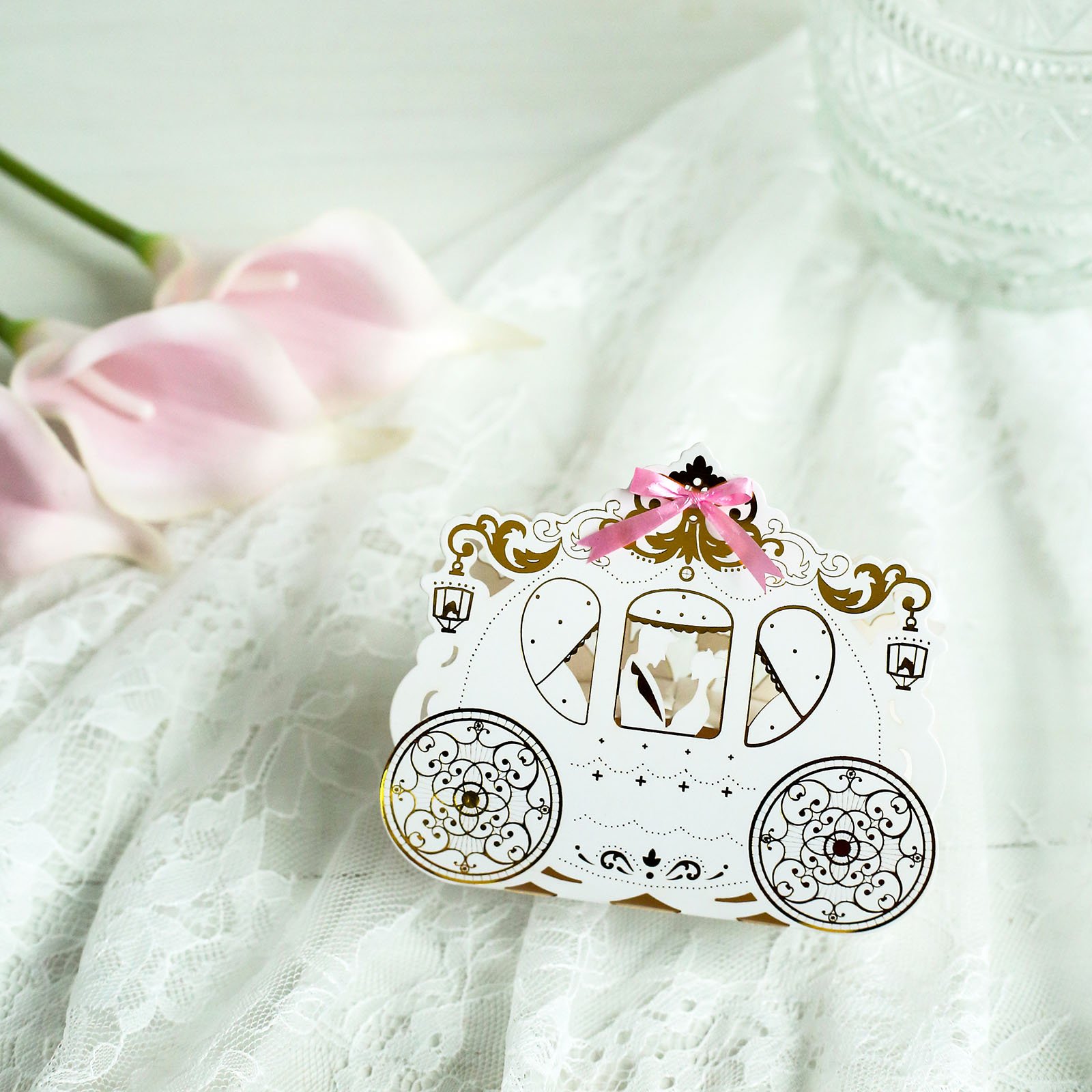 25 White Gold Cinderella Carriage Wedding Favor Boxes With Ribbons