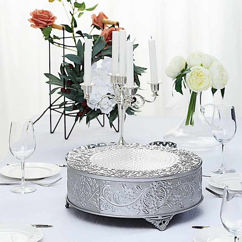 14" wide Round Floral Embossed Cake Stand Dessert Holder Wedding Centerpieces - Picture 14 of 15
