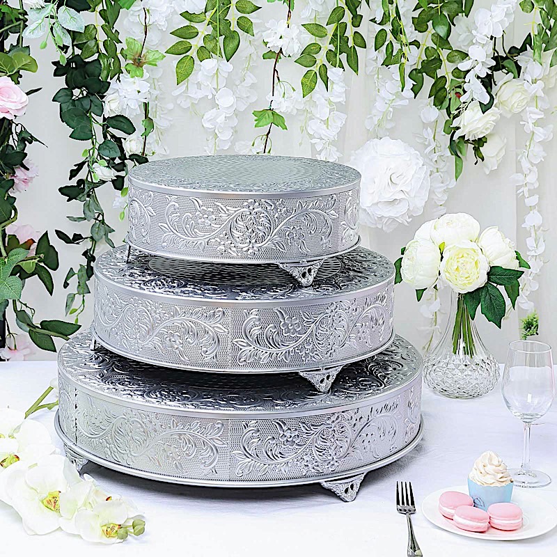 14" wide Round Floral Embossed Cake Stand Dessert Holder Wedding Centerpieces - Picture 13 of 15
