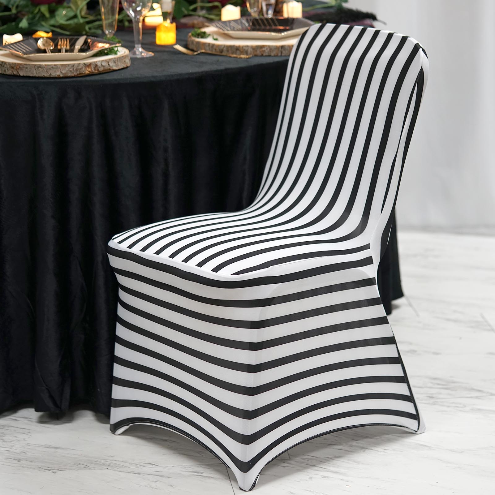 Black White Striped SPANDEX Stretchable CHAIR COVERS Event Banquet Decorations - Bild 1 von 8