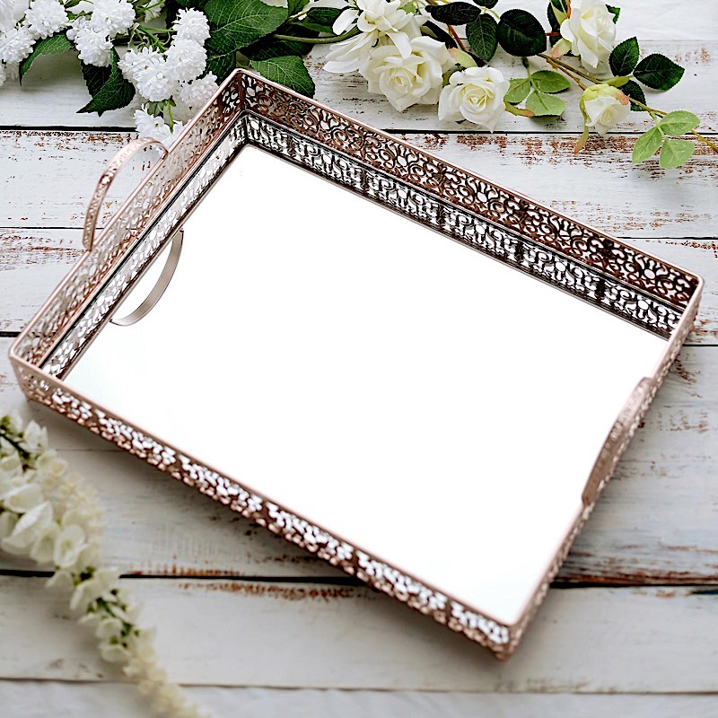 16" x 12" Metal Rectangular Fleur De Lis Rim Mirror Serving Tray Party Events - Picture 9 of 18