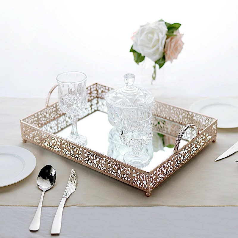 16" x 12" Metal Rectangular Fleur De Lis Rim Mirror Serving Tray Party Events - Picture 10 of 18
