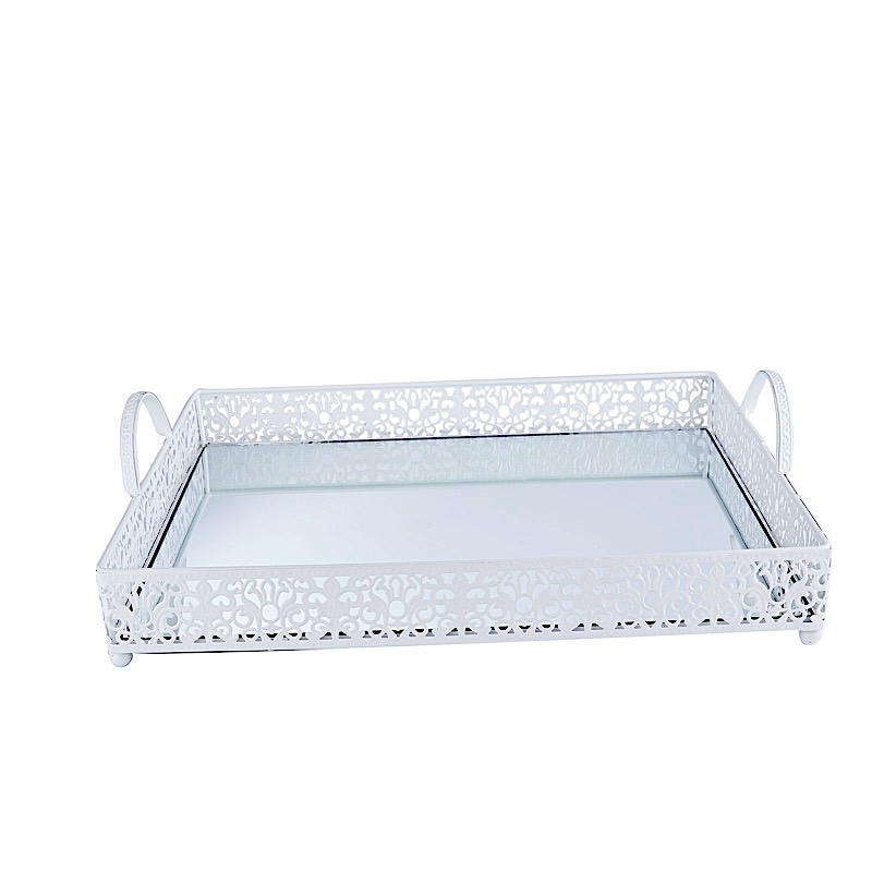 16" x 12" Metal Rectangular Fleur De Lis Rim Mirror Serving Tray Party Events - Picture 11 of 18