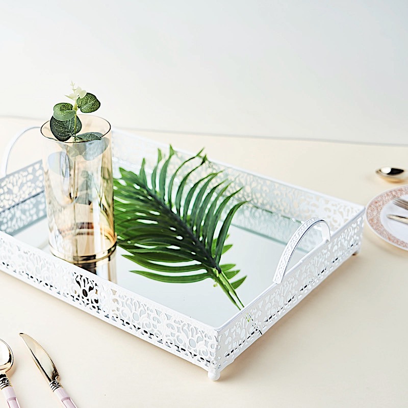 16" x 12" Metal Rectangular Fleur De Lis Rim Mirror Serving Tray Party Events - Picture 12 of 18