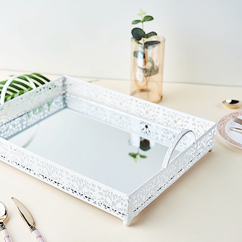 16" x 12" Metal Rectangular Fleur De Lis Rim Mirror Serving Tray Party Events - Picture 15 of 18