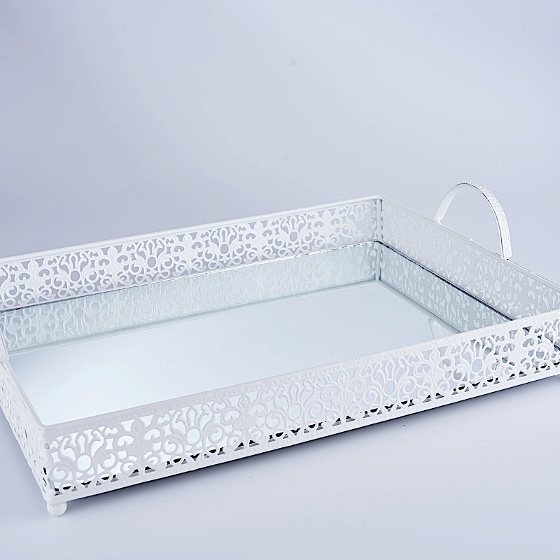16" x 12" Metal Rectangular Fleur De Lis Rim Mirror Serving Tray Party Events - Picture 13 of 18