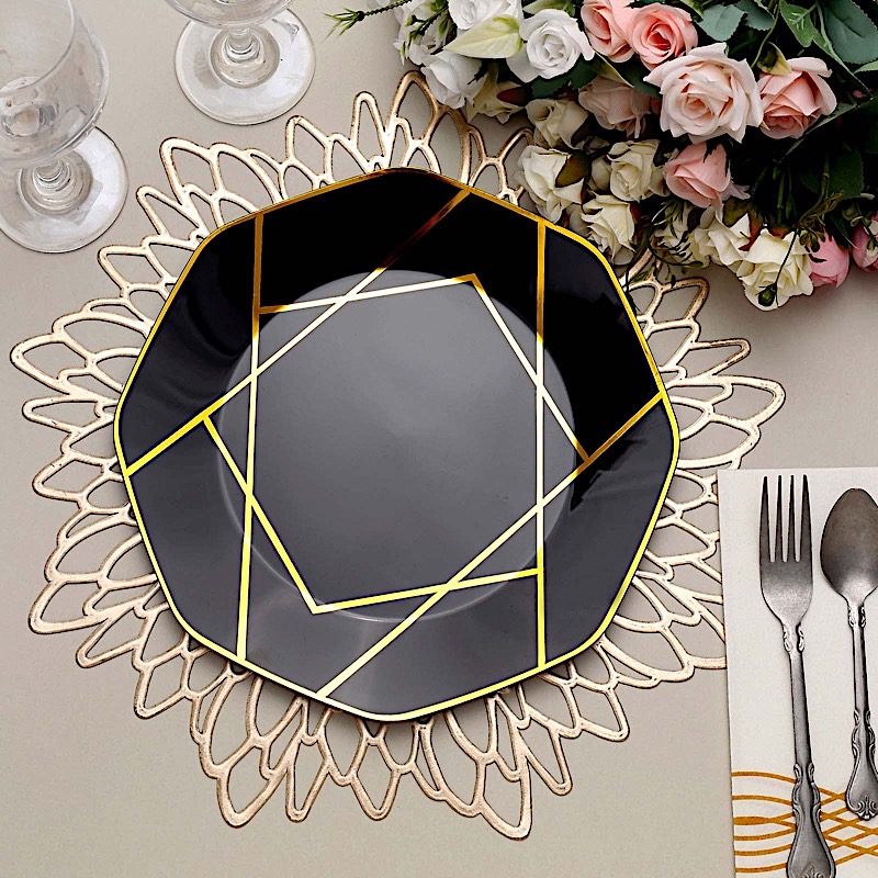 10" Octagon Dinner PLASTIC PLATES Gold Geometric Disposable Event Party Supplies - Picture 10 of 26