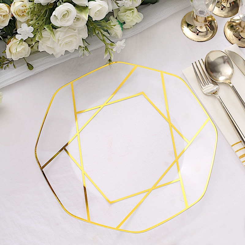10" Octagon Dinner PLASTIC PLATES Gold Geometric Disposable Event Party Supplies - Picture 16 of 26