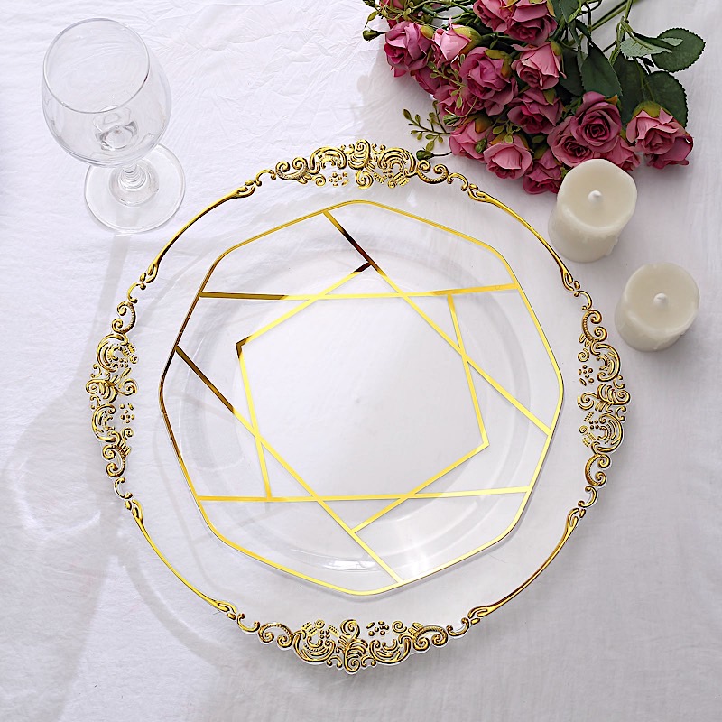 10" Octagon Dinner PLASTIC PLATES Gold Geometric Disposable Event Party Supplies - Picture 15 of 26