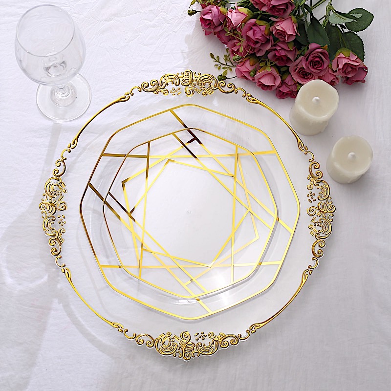 10" Octagon Dinner PLASTIC PLATES Gold Geometric Disposable Event Party Supplies - Picture 12 of 26
