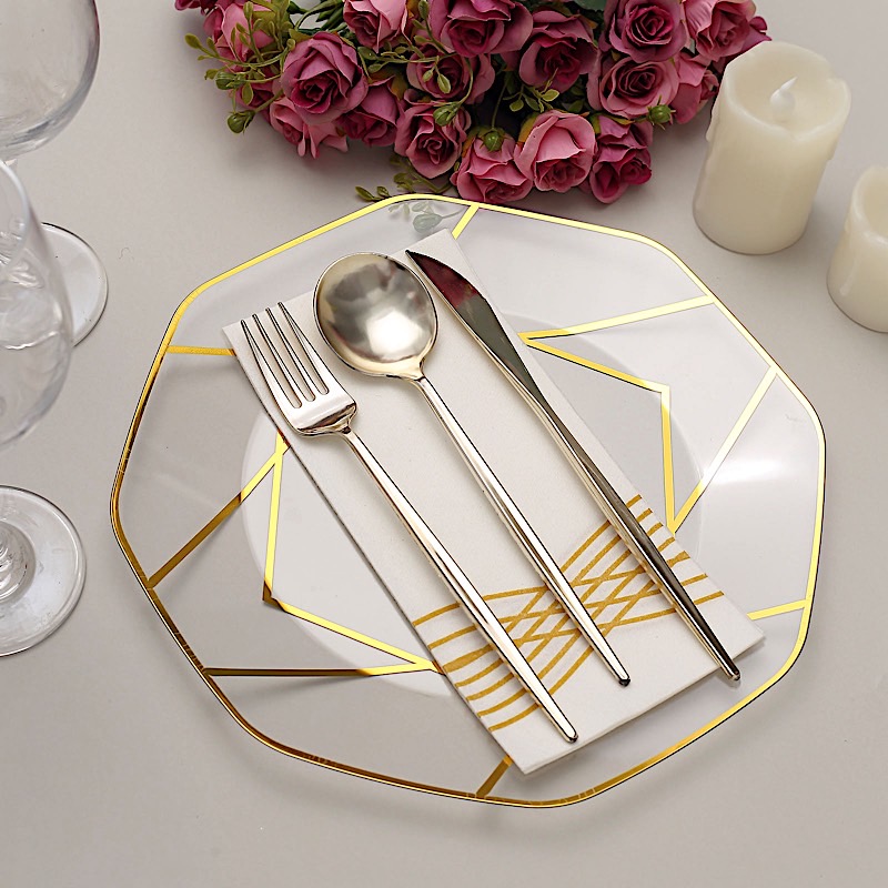 10" Octagon Dinner PLASTIC PLATES Gold Geometric Disposable Event Party Supplies - Picture 14 of 26