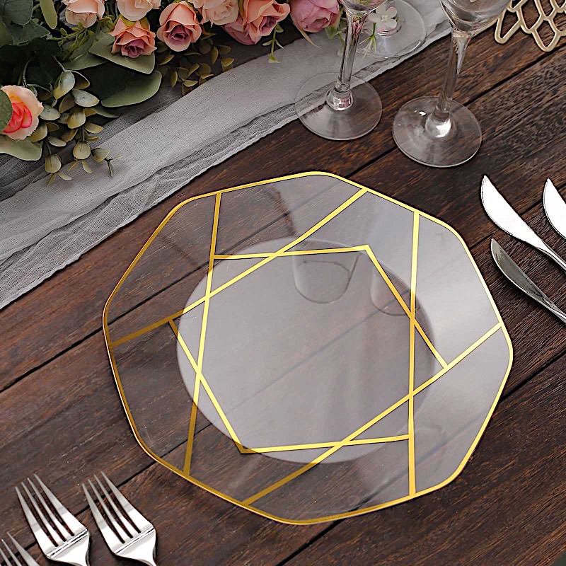 10" Octagon Dinner PLASTIC PLATES Gold Geometric Disposable Event Party Supplies - Picture 17 of 26