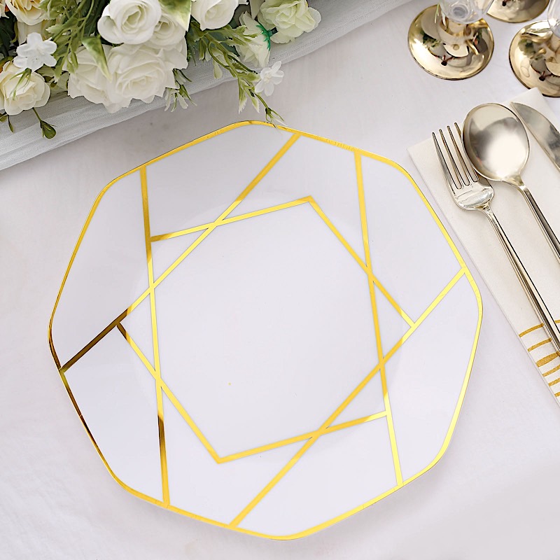 10" Octagon Dinner PLASTIC PLATES Gold Geometric Disposable Event Party Supplies - Picture 21 of 26
