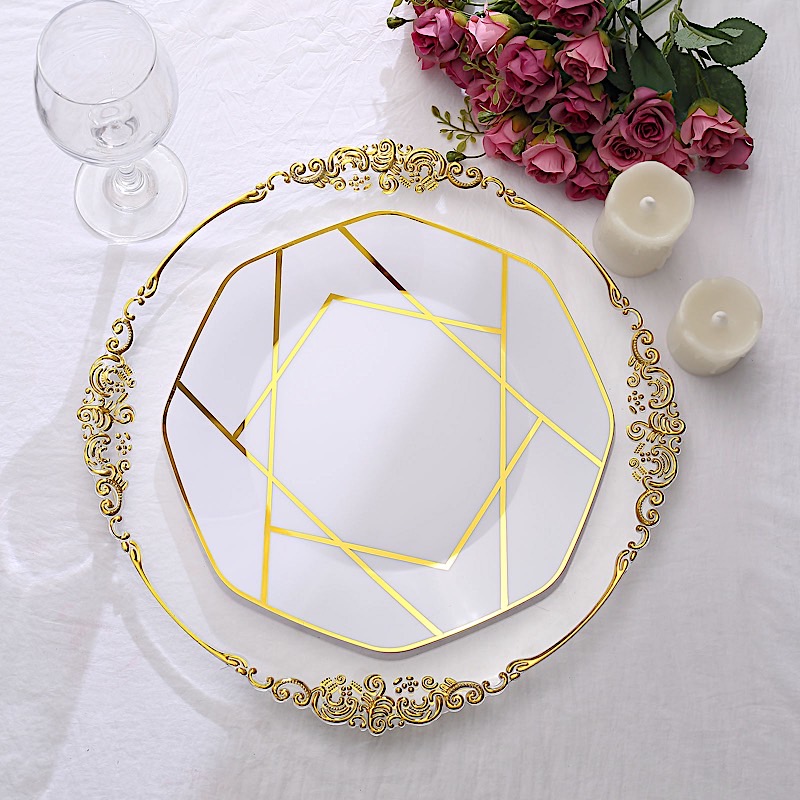 10" Octagon Dinner PLASTIC PLATES Gold Geometric Disposable Event Party Supplies - Picture 22 of 26