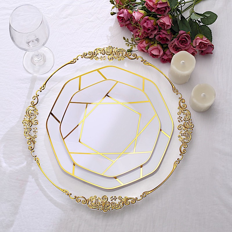 10" Octagon Dinner PLASTIC PLATES Gold Geometric Disposable Event Party Supplies - Picture 23 of 26