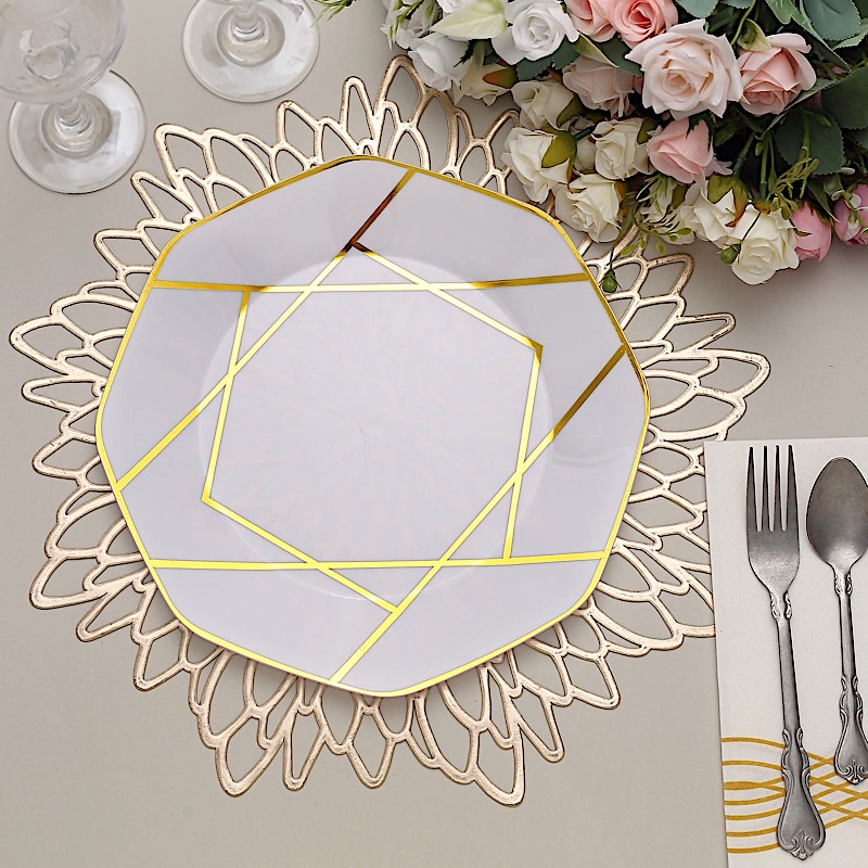 10" Octagon Dinner PLASTIC PLATES Gold Geometric Disposable Event Party Supplies - Picture 19 of 26